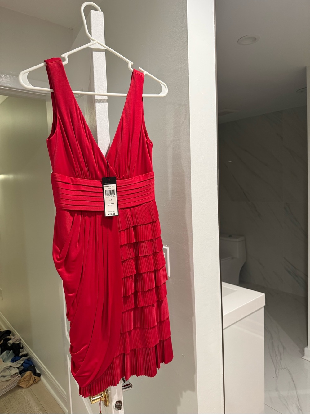 BCBGMaxAzria Red Pleated Tier V-Neck Mini Dress